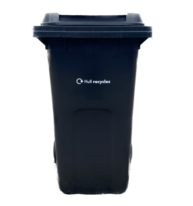 A black wheelie bin