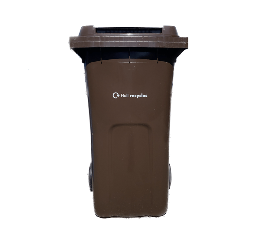 A brown wheelie bin