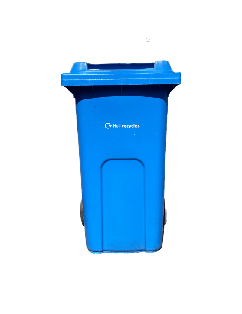 A blue wheelie bin