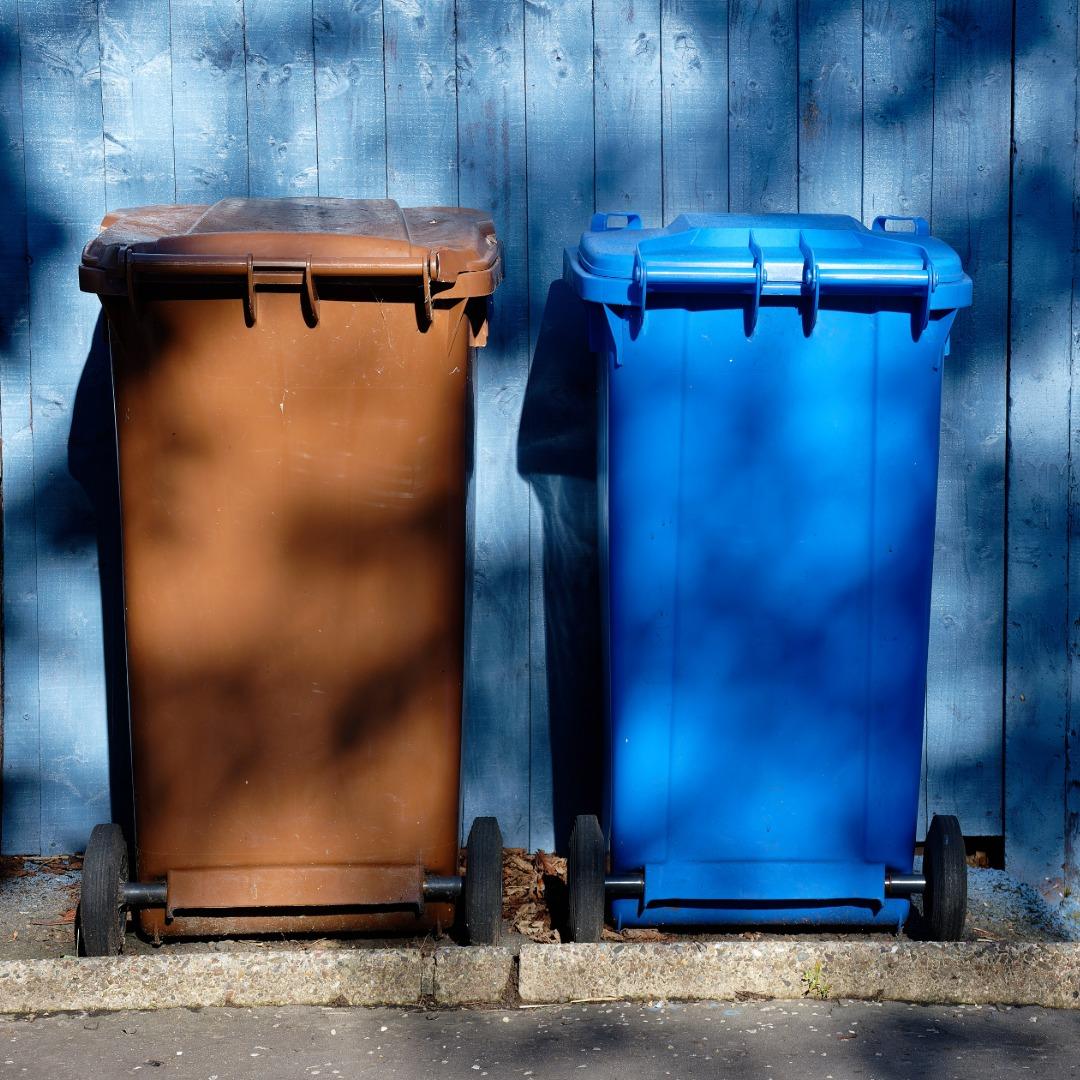 Brown and blue bin