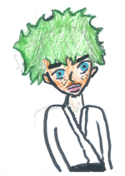Drawing of an anime character with green hair and white top on