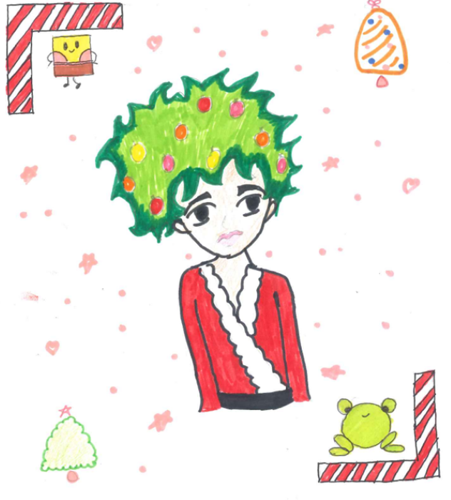 Drawing of an anime character next to a frog and Christmas tree