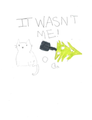 Drawing of a white cat that has knocked over a Christmas tree with the text saying it wasn't me above