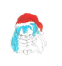 Drawing of a character with Blue hair and a Red Santa hat sat on the floor