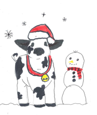 Drawing of a cow and a snowman