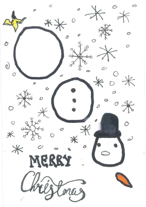 Drawing of a deconstructed snowman with the text Merry Christmas along the bottom