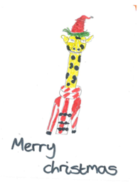 Drawing of a Giraffe in Red and White clothes and hat with the text along the bottom reading Merry Christmas