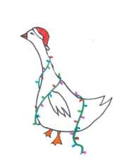Drawing of a Goose with Christmas lights wrapped around it and a Santa hat on