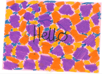 Drawing of the word hello in front of an Orange, Purple and Yellow background