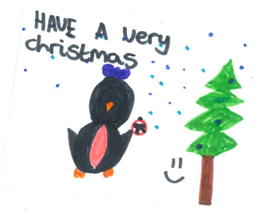 Drawing of a Penguin next to a Christmas tree