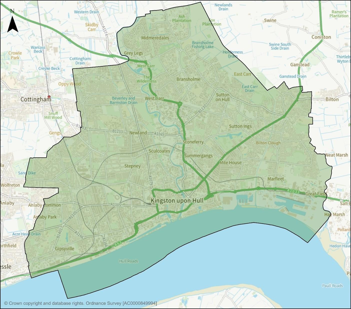 Map of Kingston upon Hull administrative boundary, ONS E06000010