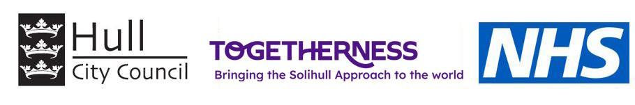 Hull City Council logo, Togetherness - Bringing the Solihull Approach to the World, NHS logo