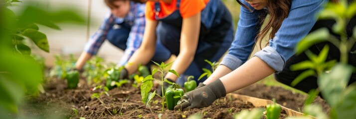 A photograph showing a community of people gardening