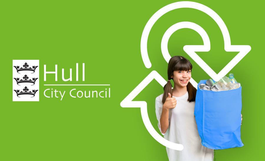 young girl holding blue bag of recycling