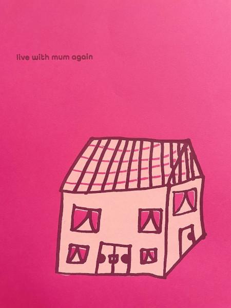 Artwork of a light pink house on a pink background with dark red text 'Live with mum again'